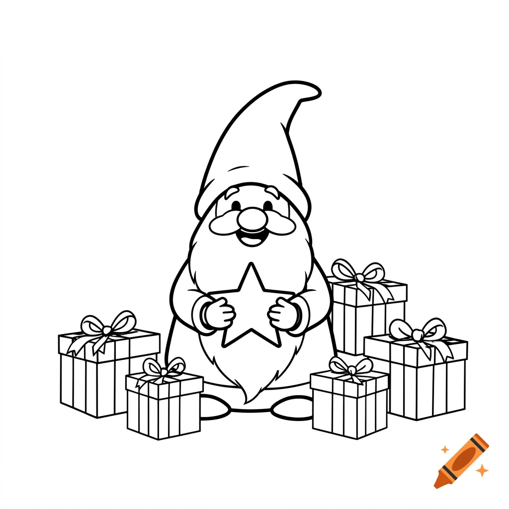 A black and white clipart illustration of a gnome holding a star, surrounded by several wrapped gifts.
