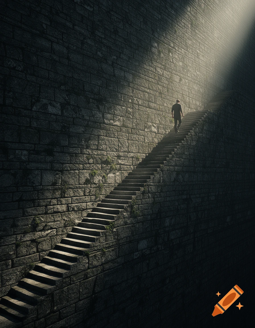 A lone figure ascends a long stone staircase built into a dark stone wall, illuminated by a beam of light from above.