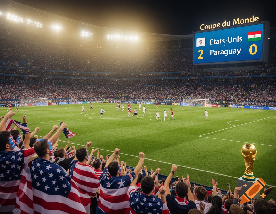 Fans in American flag capes cheer at a World Cup soccer match in a stadium, with a scoreboard showing 'États-Unis 2 Paraguay 0' and a golden trophy.