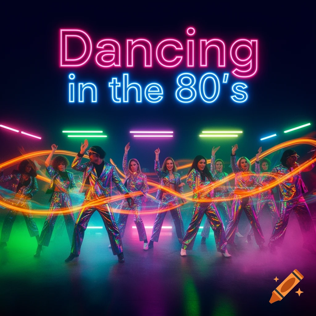 A group of people in shiny 80s-style outfits dance on a dark stage illuminated by neon lights, with "Dancing in the 80's" in neon text above.