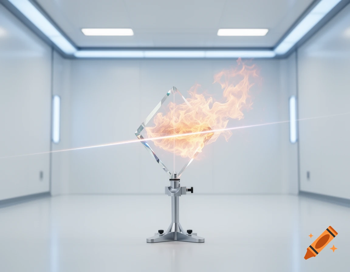 Photorealistic image of a crystal prism on a stand, containing fire and being hit by a laser beam in a sterile white cleanroom.