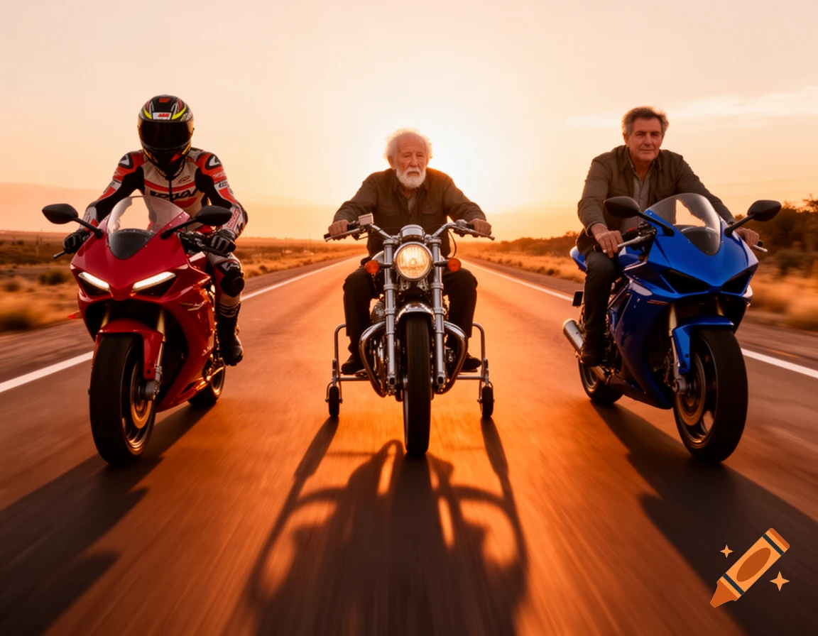 Three motorcyclists of different ages ride on a highway at sunset; one on a red sports bike, one on a classic with training wheels, and one on a blue sports bike.