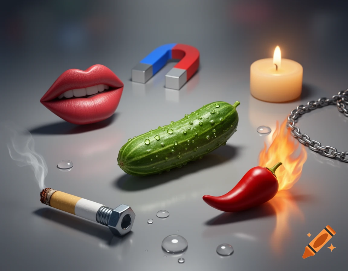 A photorealistic still life with red lips, a cucumber, a magnet, a burning candle, a smoking cigarette with a nut, a flaming chili pepper, and a metal chain on a grey surface.