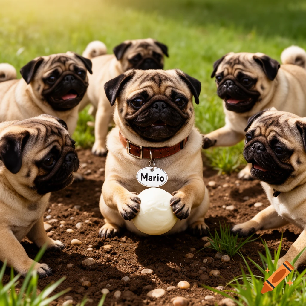 Several pugs gather around a central pug wearing a 'Mario' collar and holding a white ball in a grassy field.