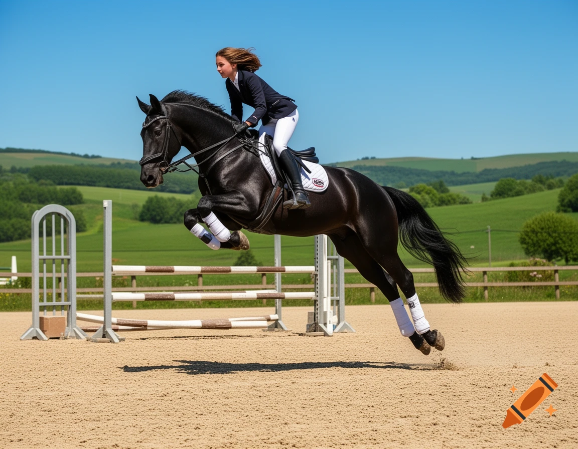 A girl in equestrian gear rides a black horse jumping over a white fence on a sunny day.
