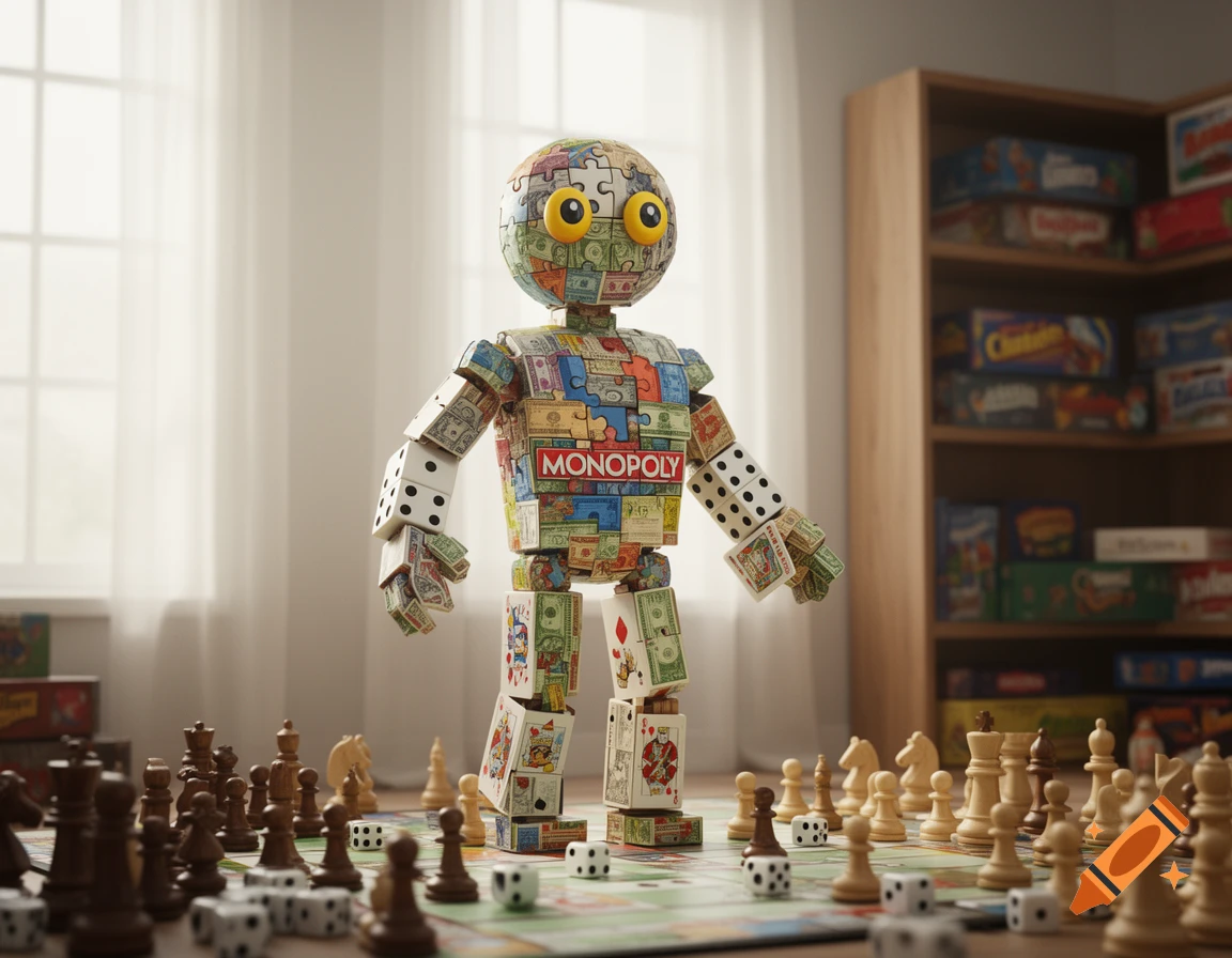 A photorealistic humanoid robot figure made of board game pieces, including Monopoly, playing cards, and money bills, stands on a chessboard surrounded by chess pieces and dice.
