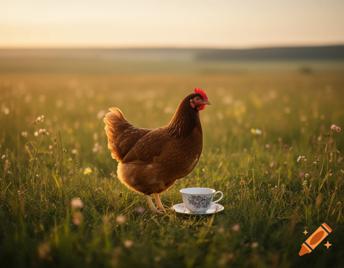 A brown chicken stands next to a floral teacup in a sunlit grassy field at golden hour.