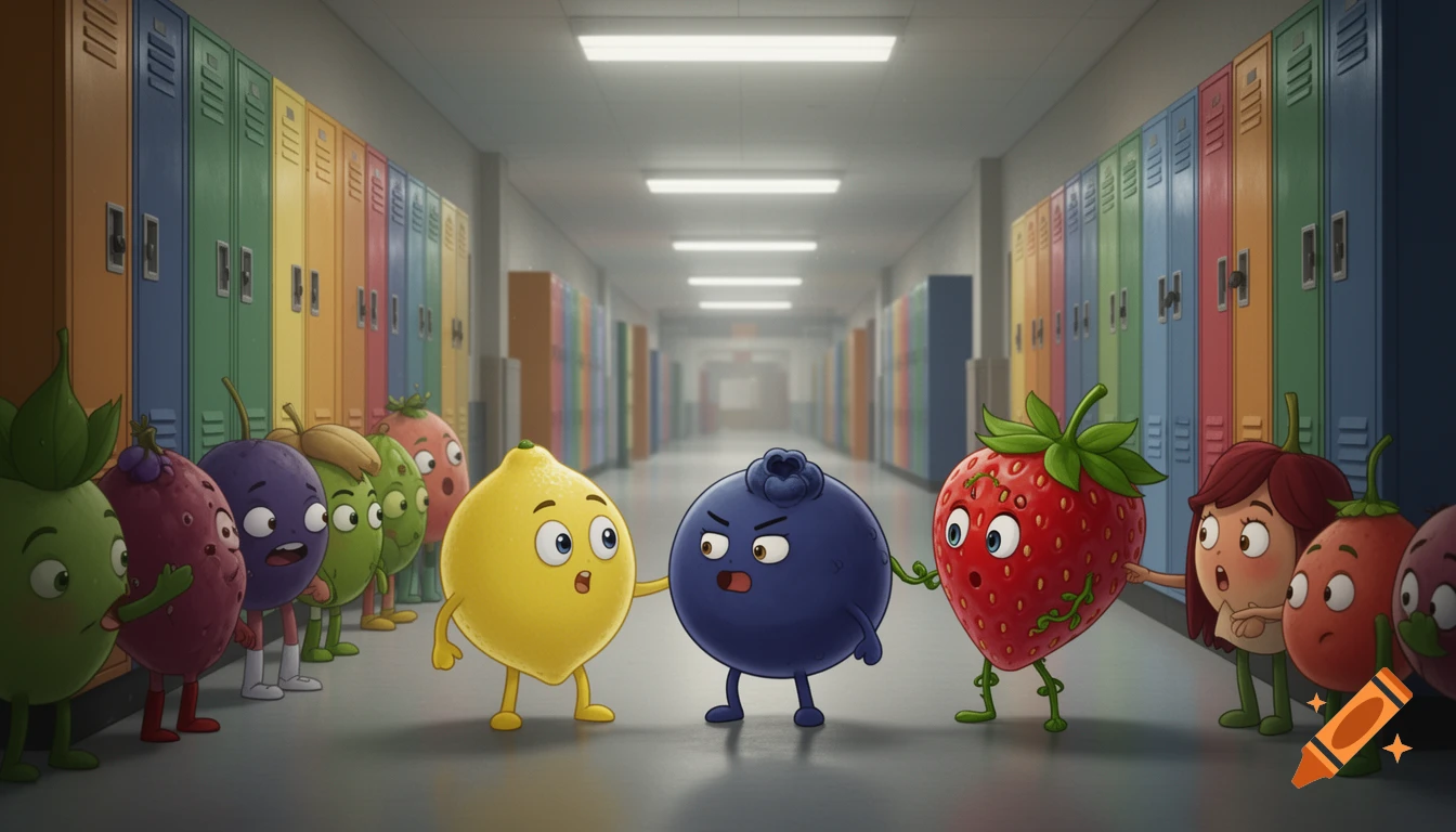Cartoon fruit characters in a school hallway, with a lemon pushing a blueberry as a strawberry gasps.