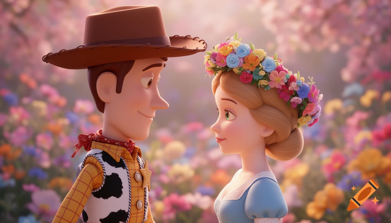 Woody and Bo Peep looking at each other in a vibrant flower field. Bo Peep wears a flower crown. 3D animated, Pixar style.
