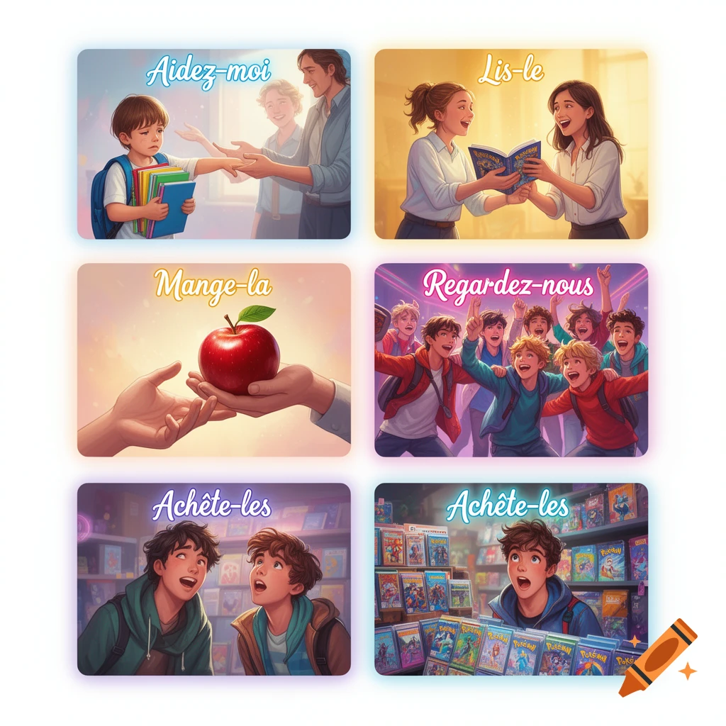 Six vibrant cartoon vignettes show children and teens in everyday situations, including school, reading, eating, friendship, and shopping.