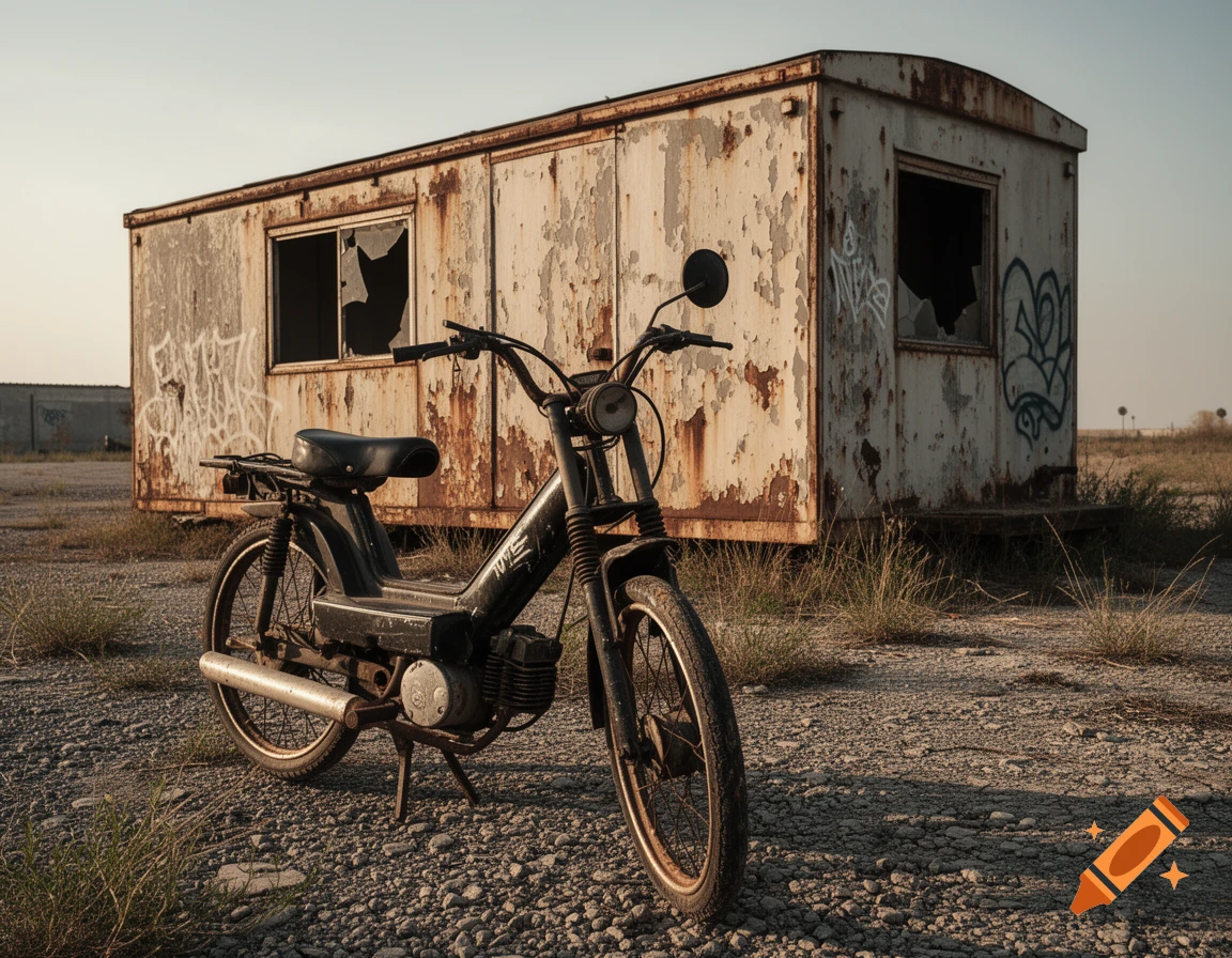 An old black moped parked on a gravel lot in front of a rusty, dilapidated construction trailer with broken windows and graffiti.