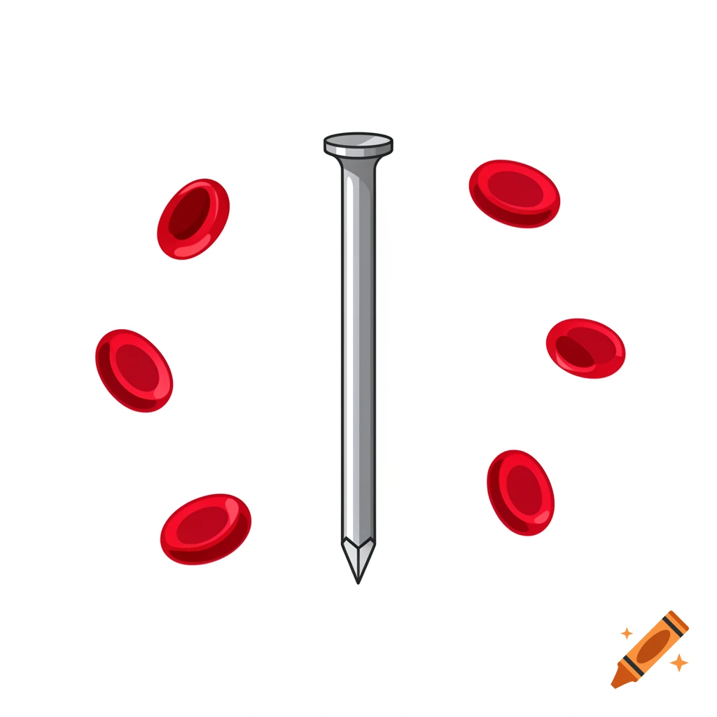Simple 2D illustration of a silver metal nail with five red blood cells floating around it on a white background.