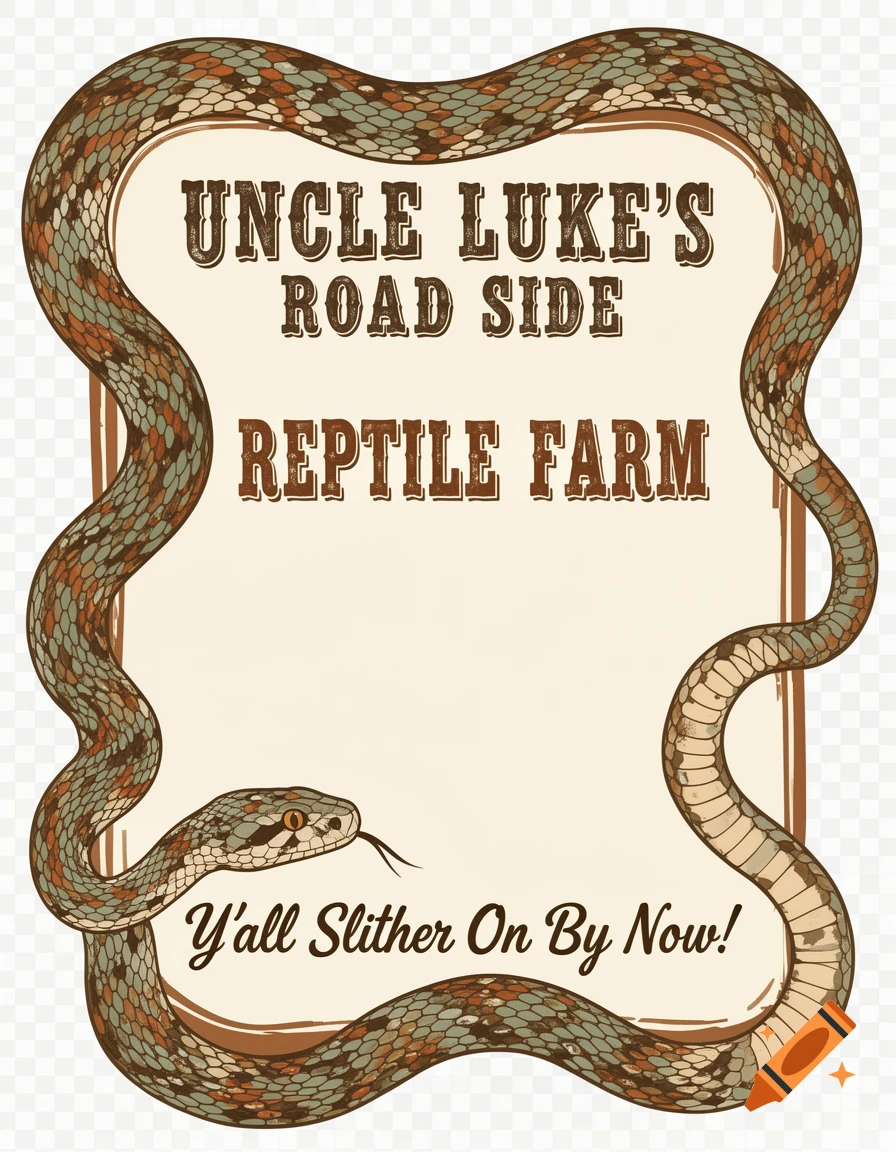 A Western-style sign for 'Uncle Luke's Road Side Reptile Farm' with a coiled rattlesnake border and distressed typography.