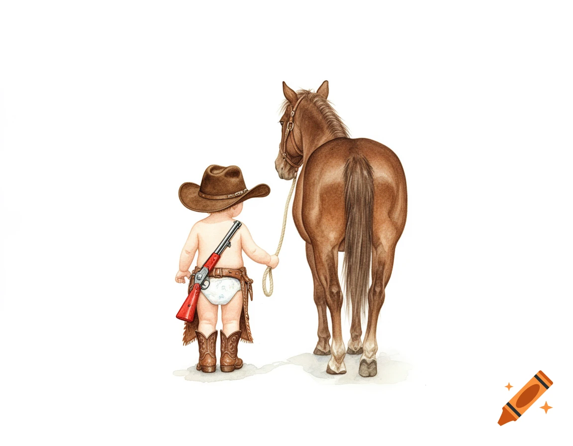 Watercolor illustration of a toddler cowboy in a diaper, hat, boots, and chaps, with a toy rifle, walking away with a brown horse, viewed from behind on a white background.