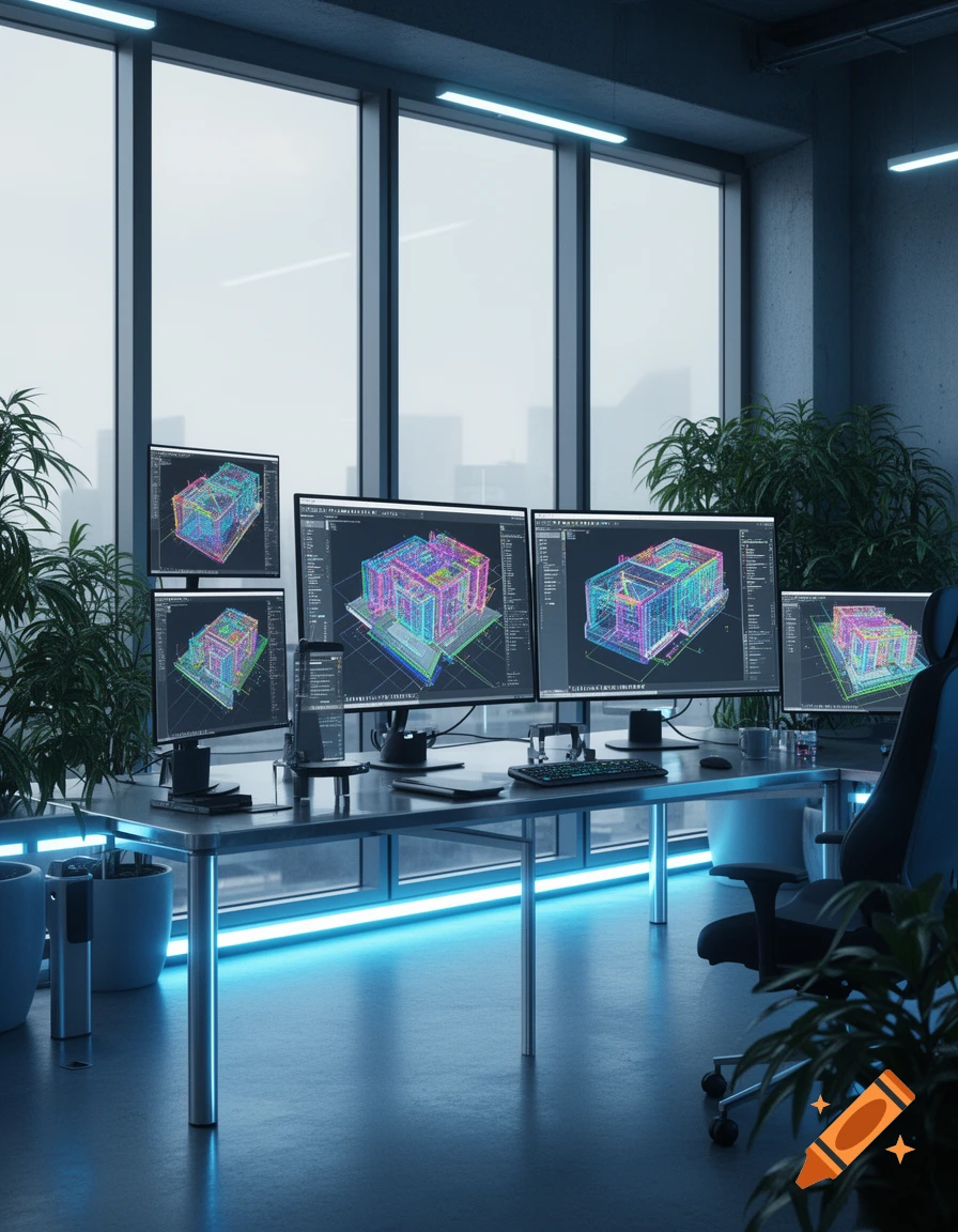 Modern office desk with multiple monitors displaying colorful 3D architectural schematics, set against a city skyline, illuminated by blue LEDs.