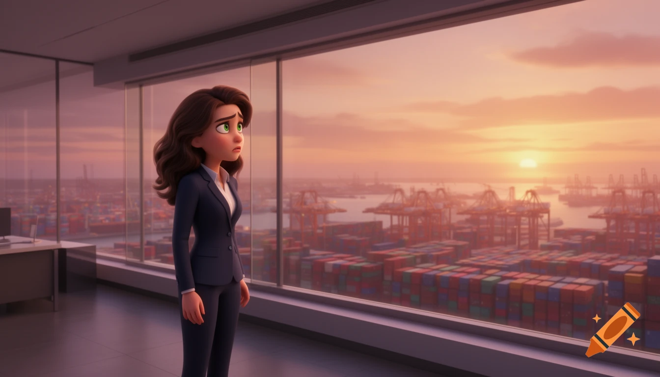 A worried woman in a business suit stares out of her high-rise office window at a busy cargo port at sunset, in 3D Pixar style.