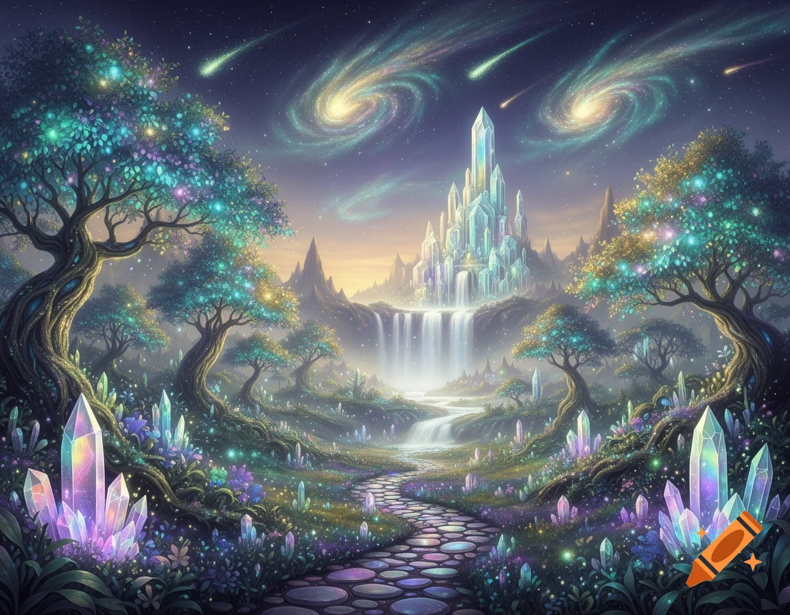 A vibrant fantasy landscape with glowing trees, towering crystals, a majestic crystal castle with a waterfall, under a starry sky with swirling galaxies.