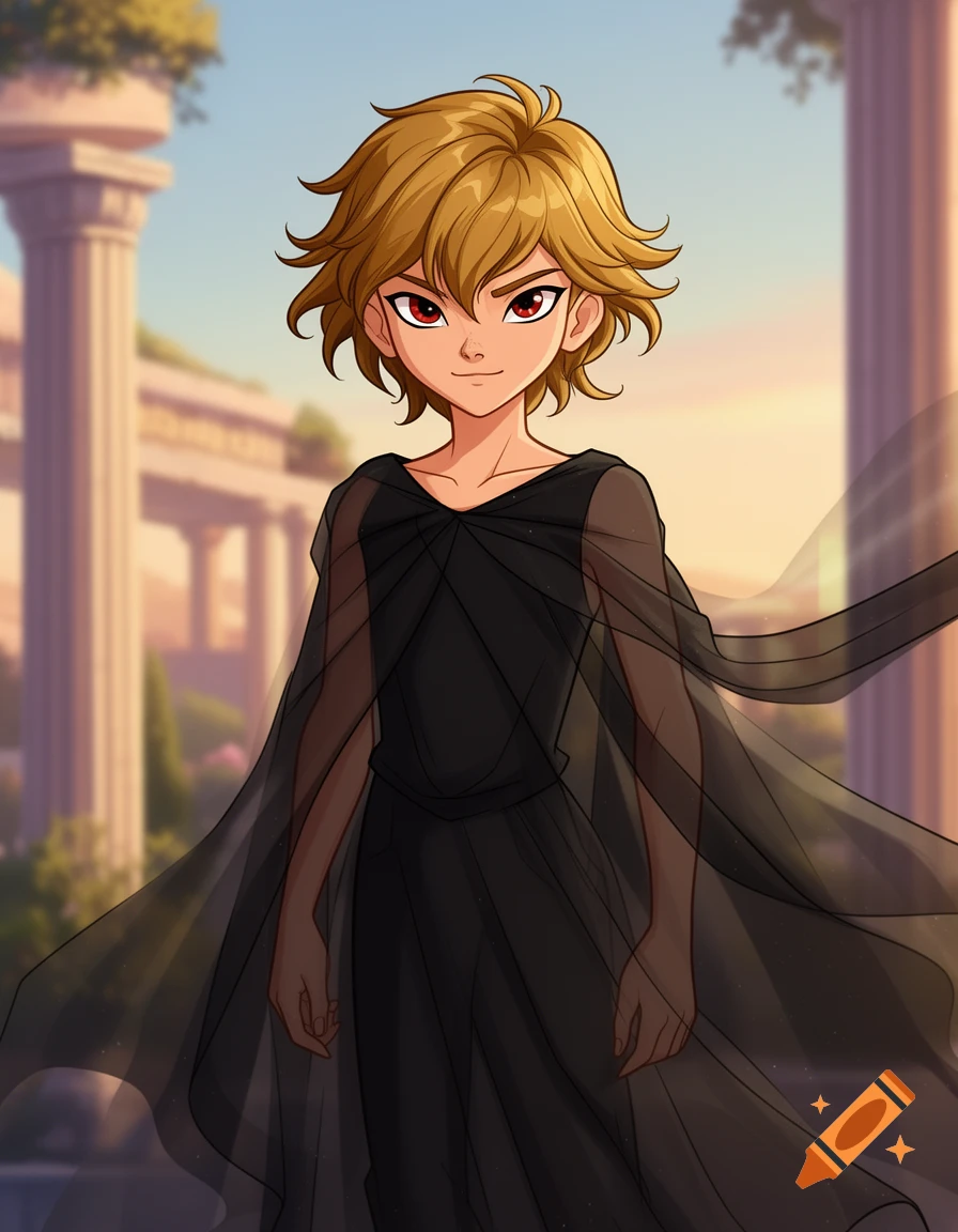Anime boy with blonde hair and red eyes in a black translucent drape stands before Greek columns.