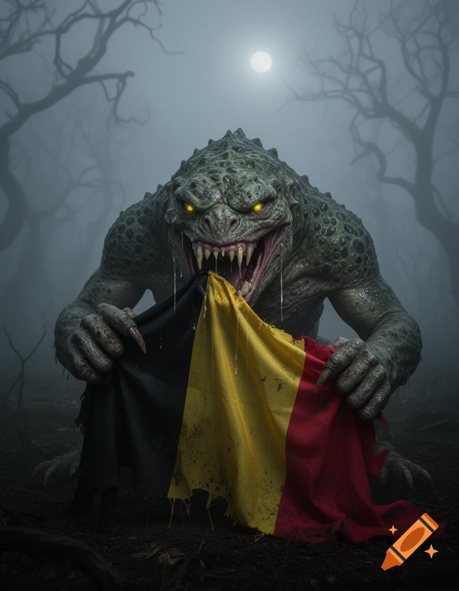 A scary, green-scaled monster with glowing yellow eyes holds a tattered Belgian flag in a foggy, dark forest under a full moon.