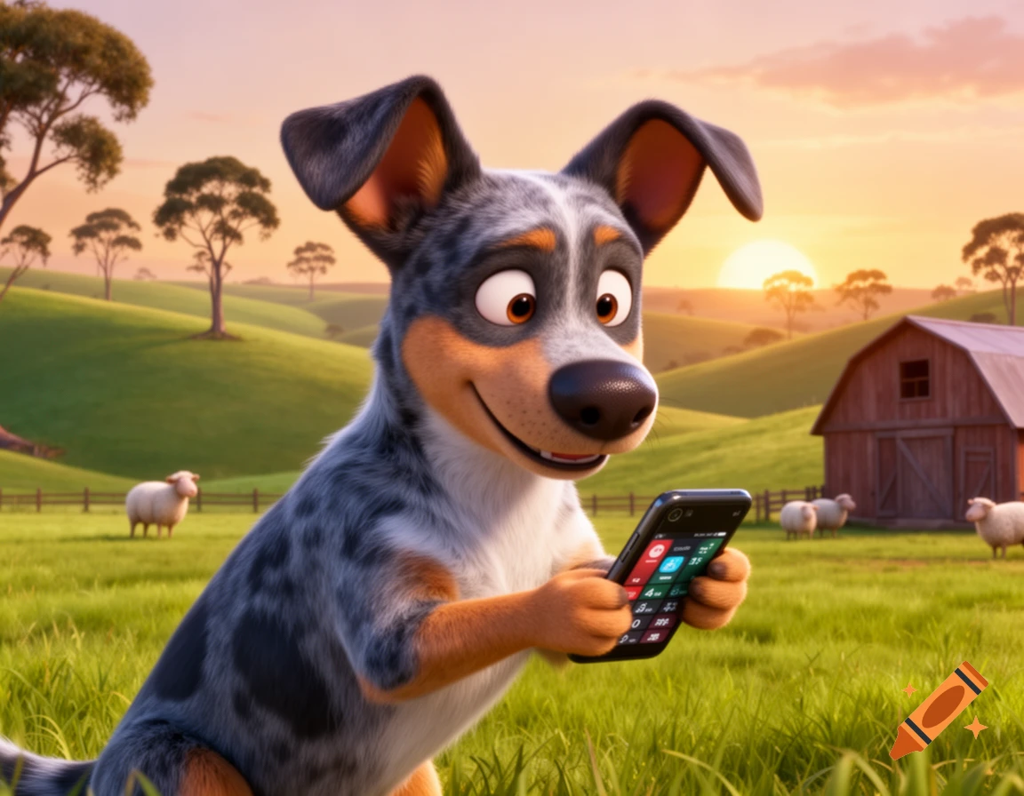A whimsical Pixar-style 3D cartoon Blue Heeler dog using a mobile phone in a vibrant Australian rural farm setting at sunset.