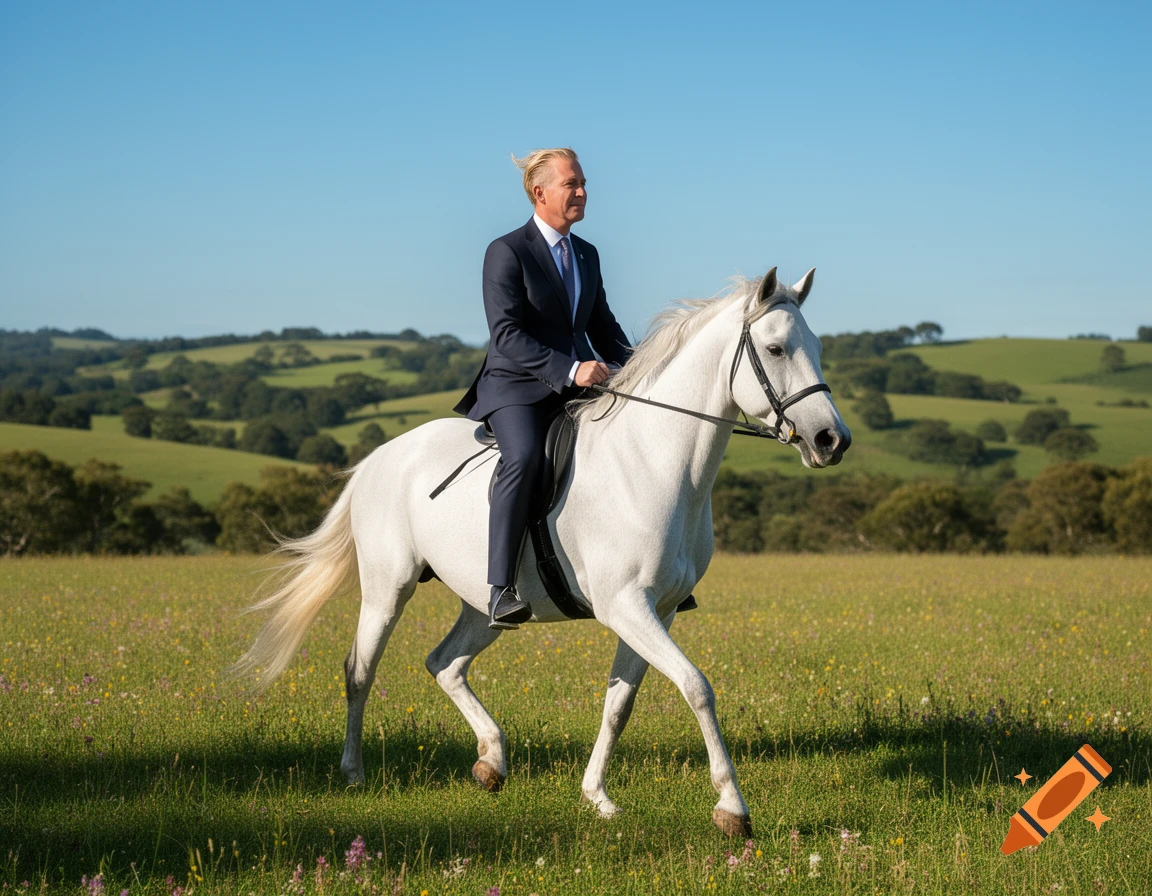 A man in a dark suit rides a white horse through a green field with wildflowers under a clear blue sky, with rolling hills.