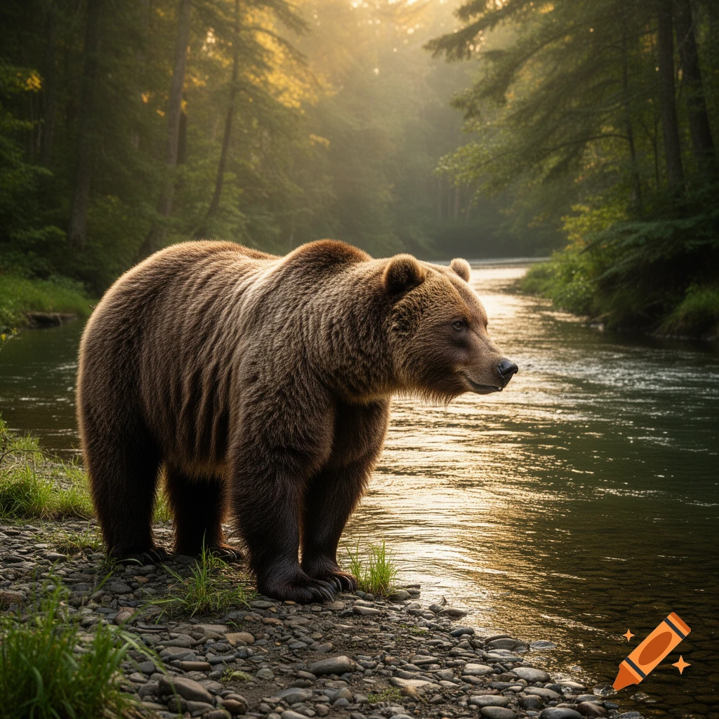 A photorealistic brown bear stands on a rocky riverbank next to a river flowing through a sunlit forest.