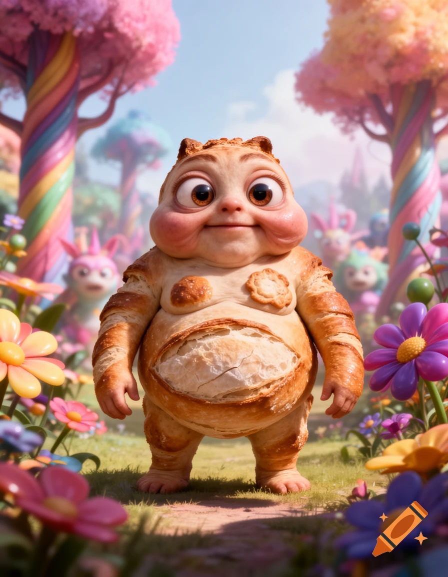 Chubby, big-eyed croissant creature in a whimsical, colorful candy land with bright trees and flowers.