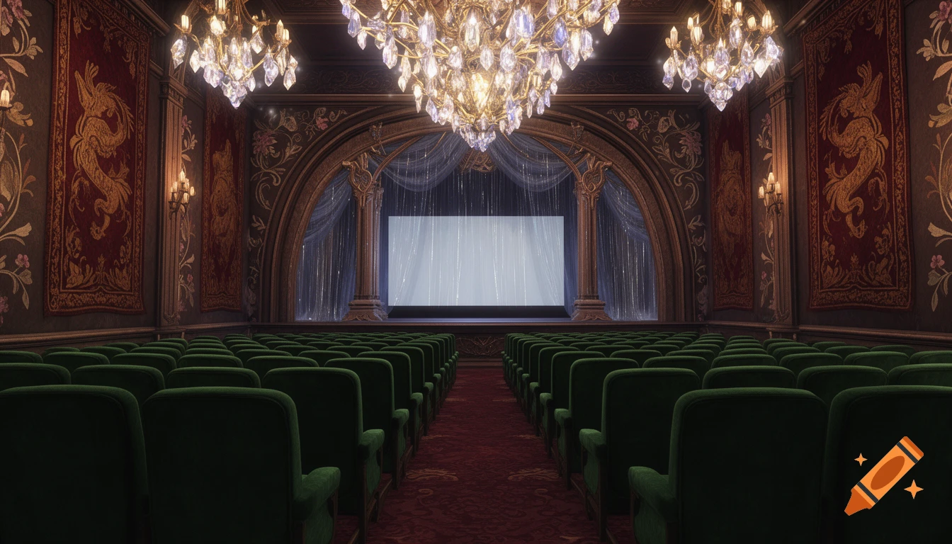 An opulent cinema hall with green velvet seats, decorative dragon tapestries, and glittering chandeliers.