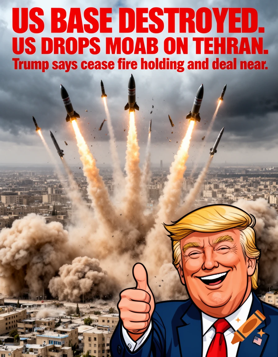 Satirical magazine cover depicting a cartoon Donald Trump giving a thumbs-up in front of a city under missile attack and explosions, with bold red text headlines.