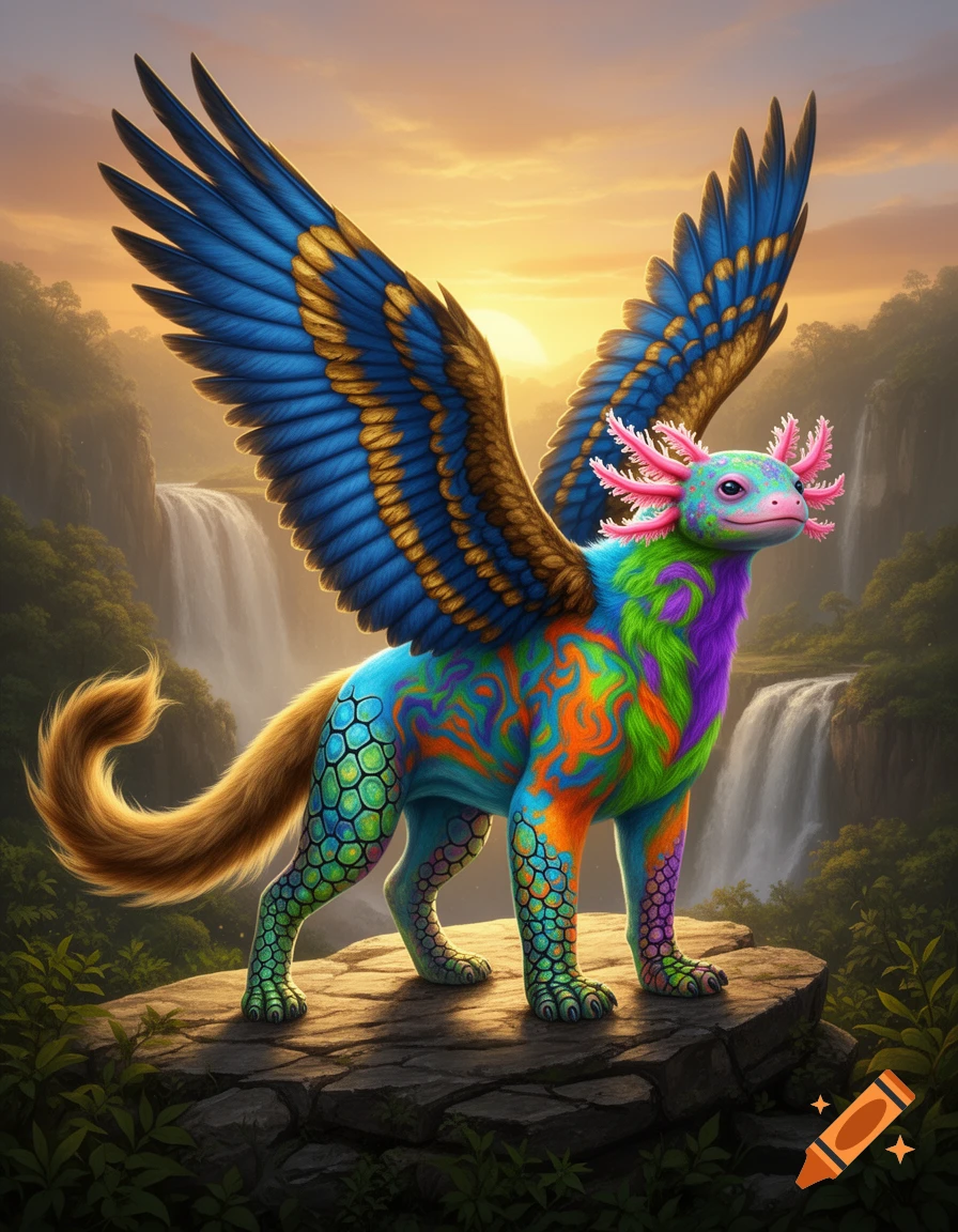A vibrant, colorful fantasy creature with an axolotl head, blue and gold wings, and a patterned body stands on rocks by waterfalls at sunset.