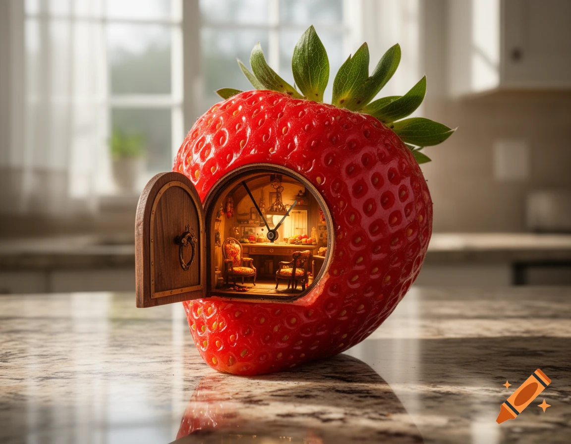 A photorealistic close-up of a large red strawberry on a kitchen counter, with a tiny wooden door open to a miniature room featuring a clock.