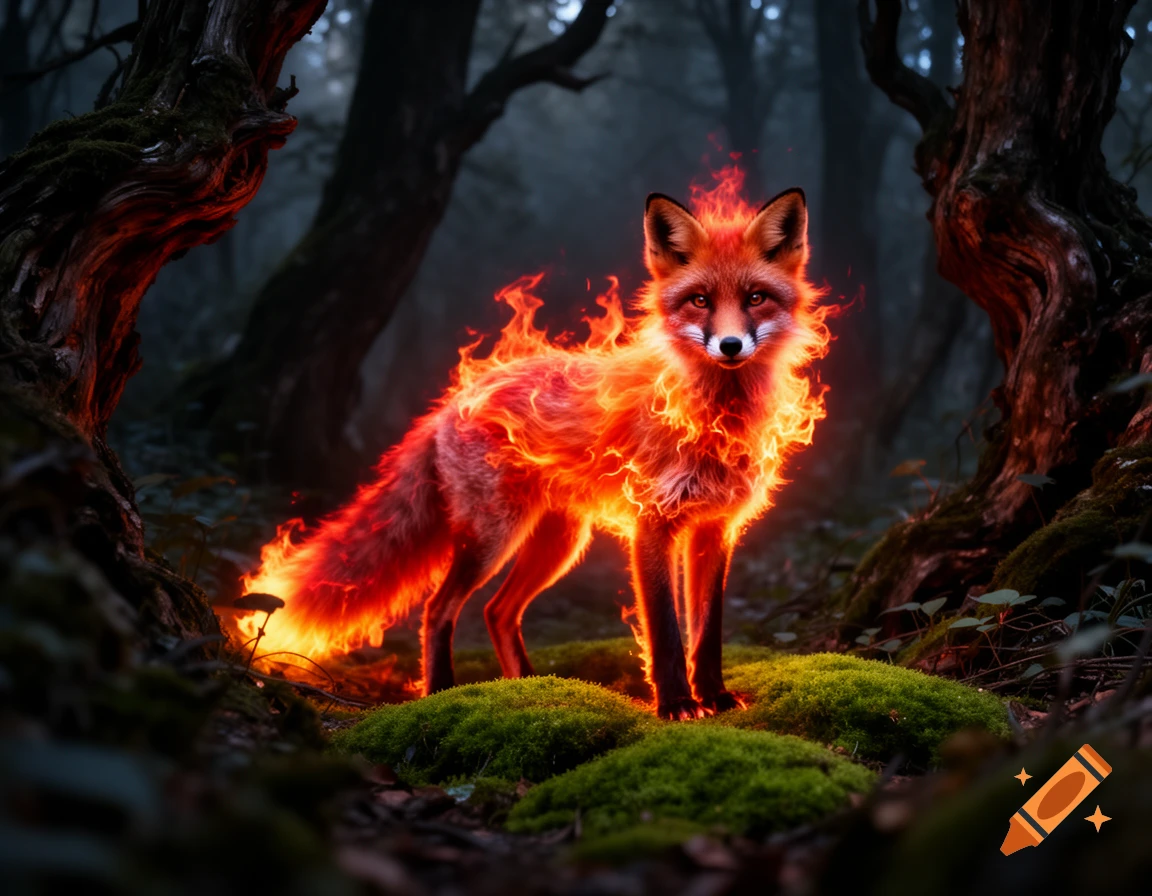 A vibrant fox with fiery fur stands on mossy ground in a dark, mystical forest.