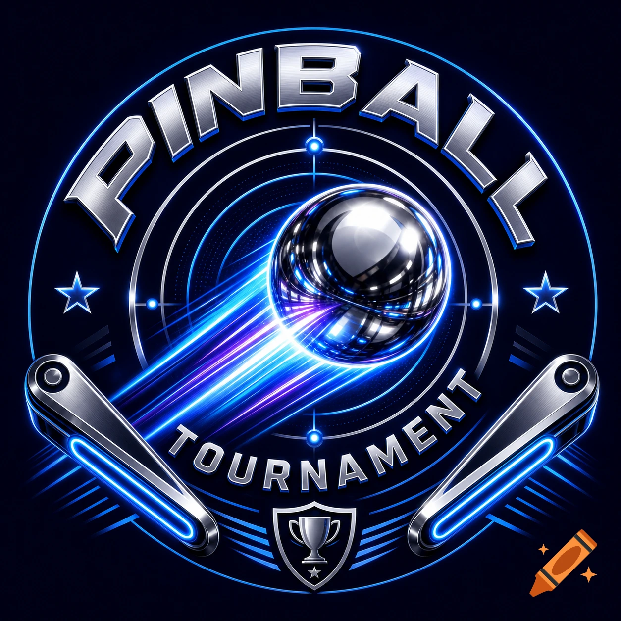 Metallic logo for a pinball tournament with a shiny pinball, blue neon light trails, and flippers.