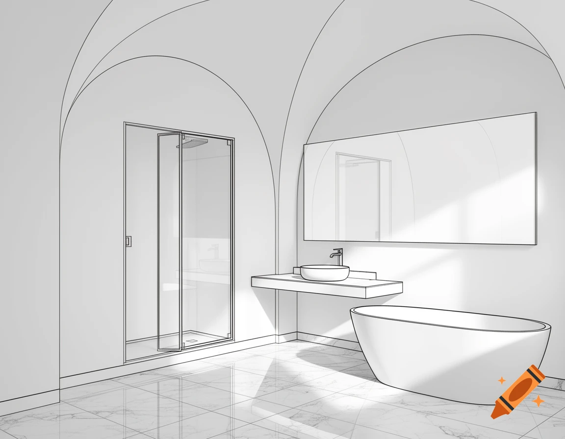Black and white line art illustration of a modern bathroom with a shower, freestanding tub, vanity, and mirror.
