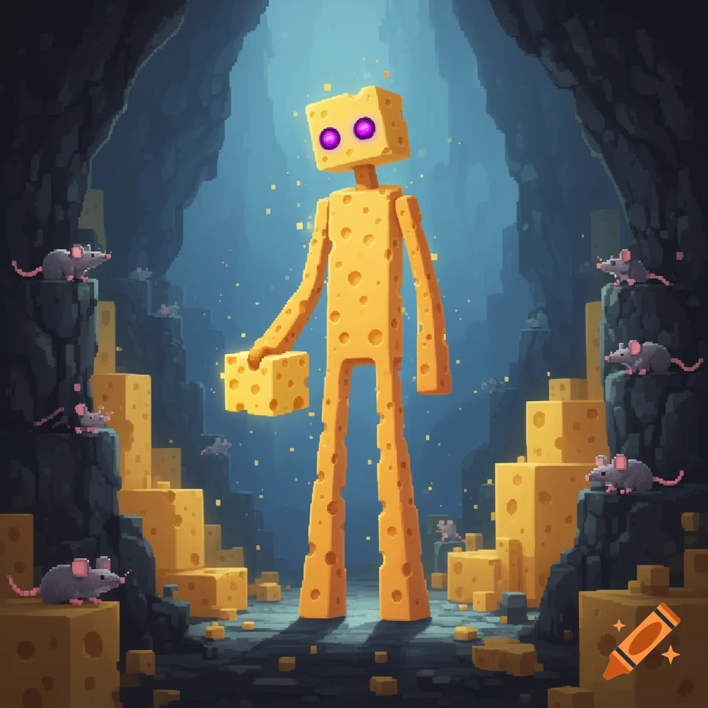 Pixel art Enderman-like creature made of cheese with glowing eyes, holding a cheese block, surrounded by rats and cheese in a cave.