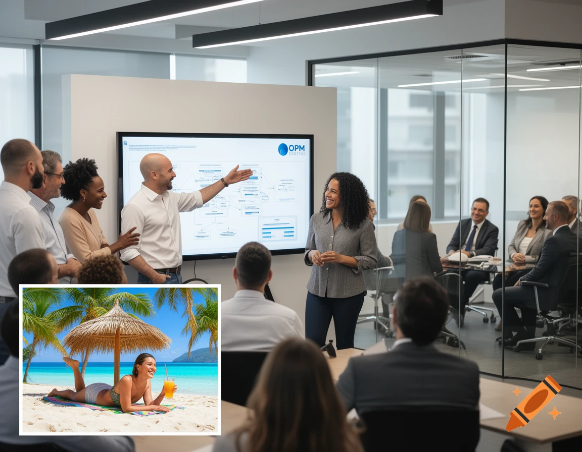 A man gives a presentation in an office, pointing at a screen, with an inset of a woman relaxing on a tropical beach.