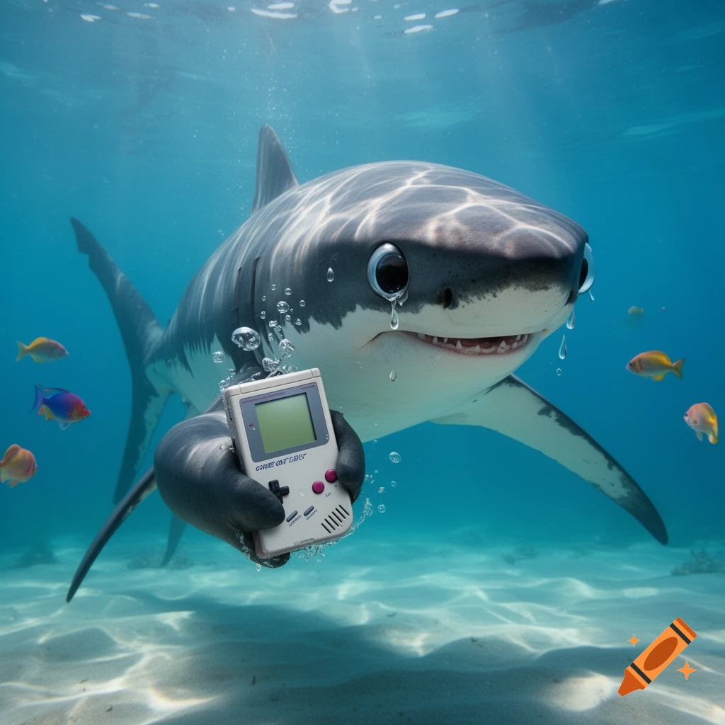 A photorealistic shark with large, teary eyes holds a vintage Game Boy console underwater, surrounded by small fish.