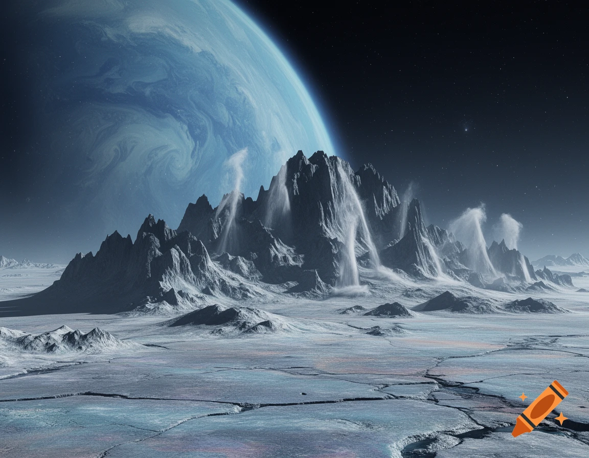 A large blue planet with swirling clouds looms over an icy alien landscape of jagged mountains and erupting plumes.