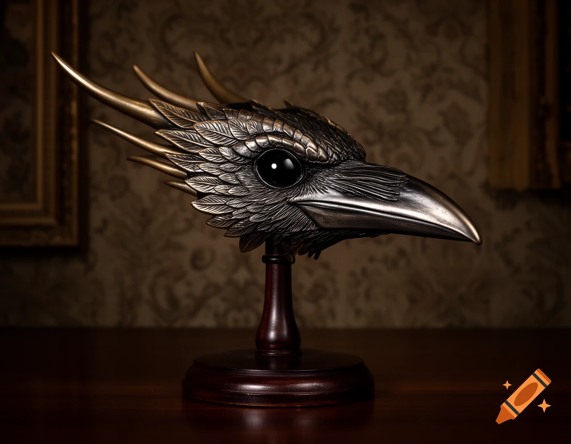 Detailed metallic sculpture of a crow and dragon head hybrid mask on a wooden stand against a patterned background.