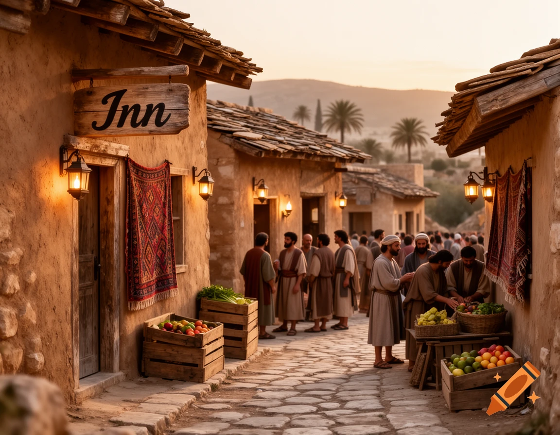 A photorealistic view of a busy ancient street market in Bethlehem, with people in historical attire, mud-brick buildings, and fruit stalls.