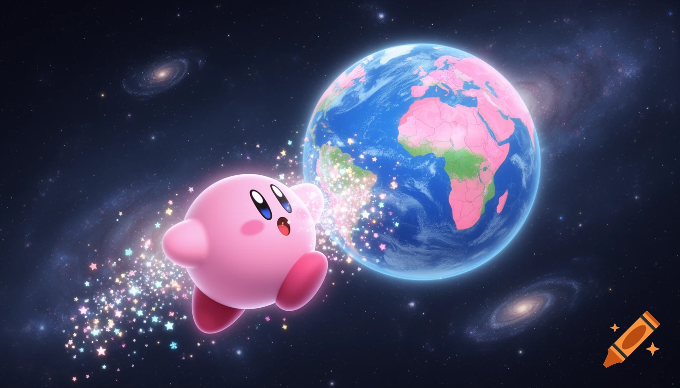 A vibrant, cartoonish Kirby, a pink spherical character, floats in deep space, interacting with a pink and blue Earth, surrounded by sparkling colorful stars.