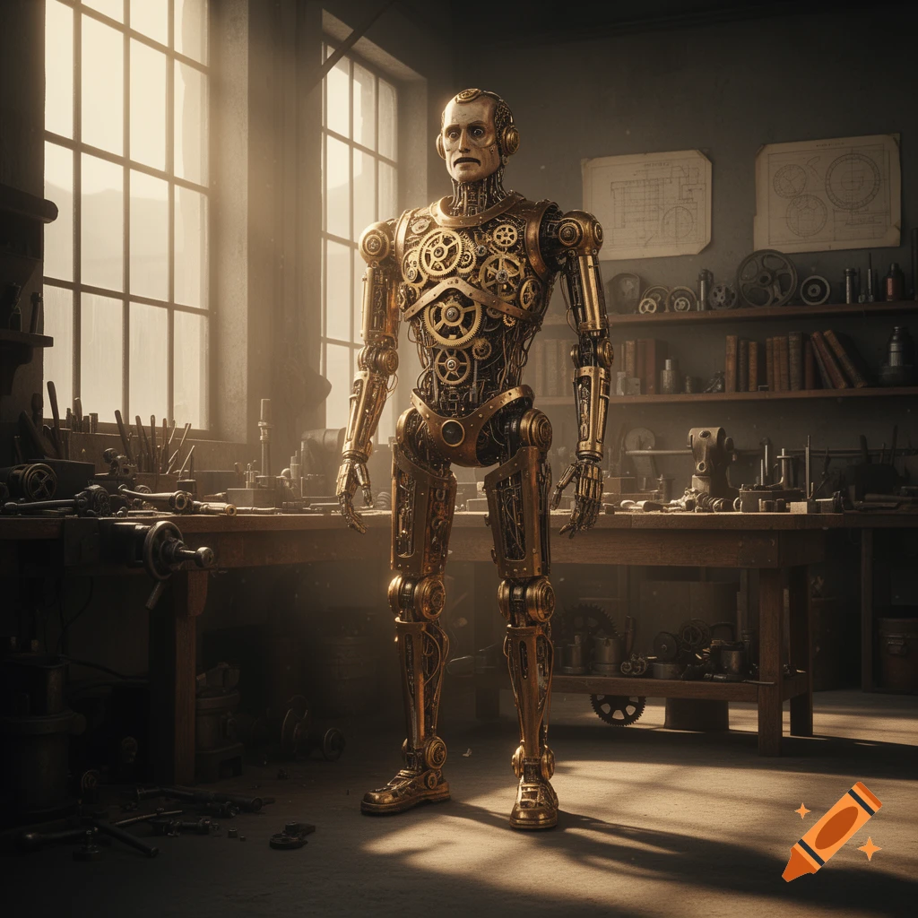Detailed clockwork robot standing in a sunlit workshop filled with tools and machinery.