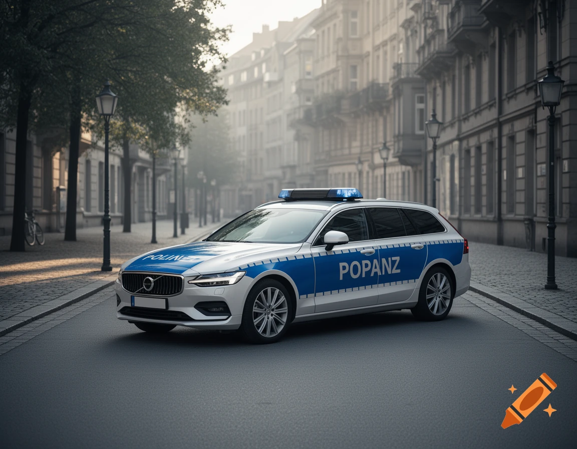 Photorealistic image of a white and blue police station wagon with "POPANZ" on the side, parked on a cobblestone street in a foggy city.