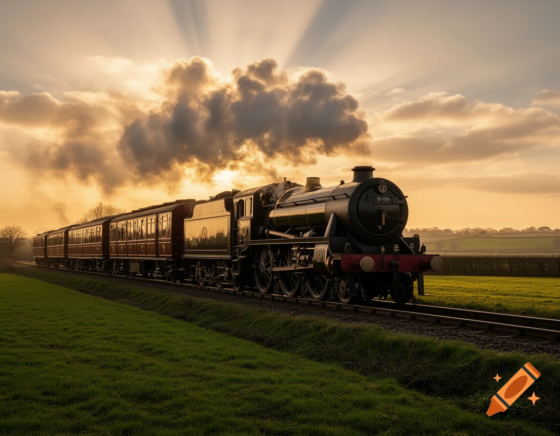 A photorealistic steam train pulls carriages through a green field under a cloudy sky with sunrays at sunset.