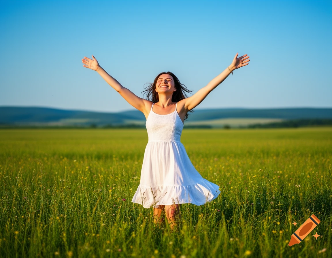 A happy woman in a white dress stands in a green field with arms outstretched towards the blue sky.