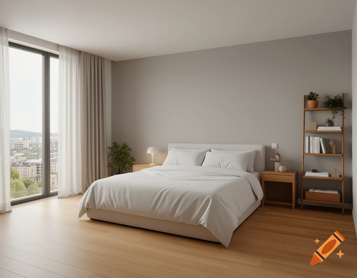Modern minimalist bedroom featuring a white bed, wooden furniture, and a large window with a city view, in a photorealistic style.