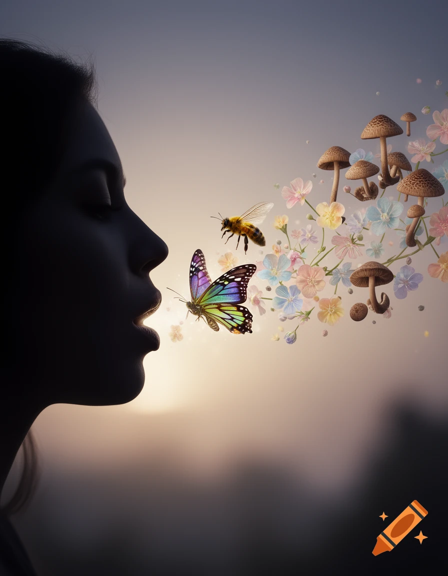 Silhouette of a woman's profile, a colorful butterfly, bee, flowers, and mushrooms emerging from her open mouth in a dreamlike setting.