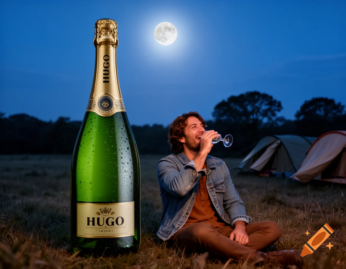 A man drinks champagne from a large bottle at a campsite under a full moon.