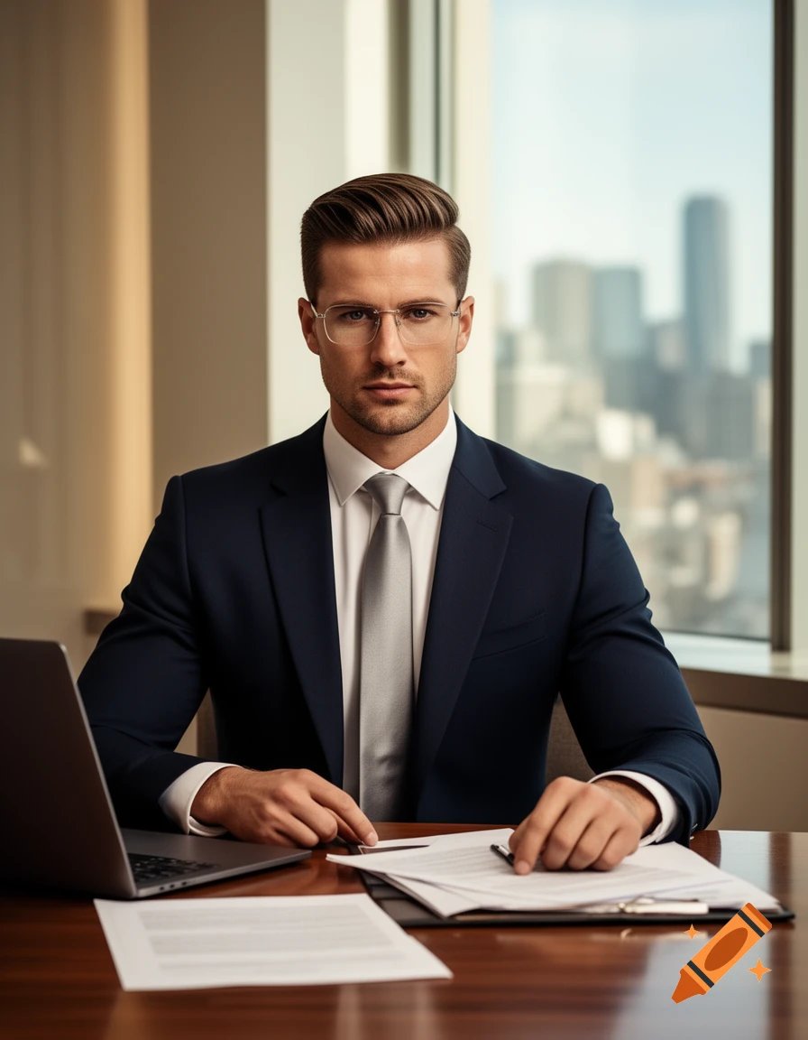 Photorealistic portrait of a well-groomed businessman in a suit sitting at an office desk with a city view.