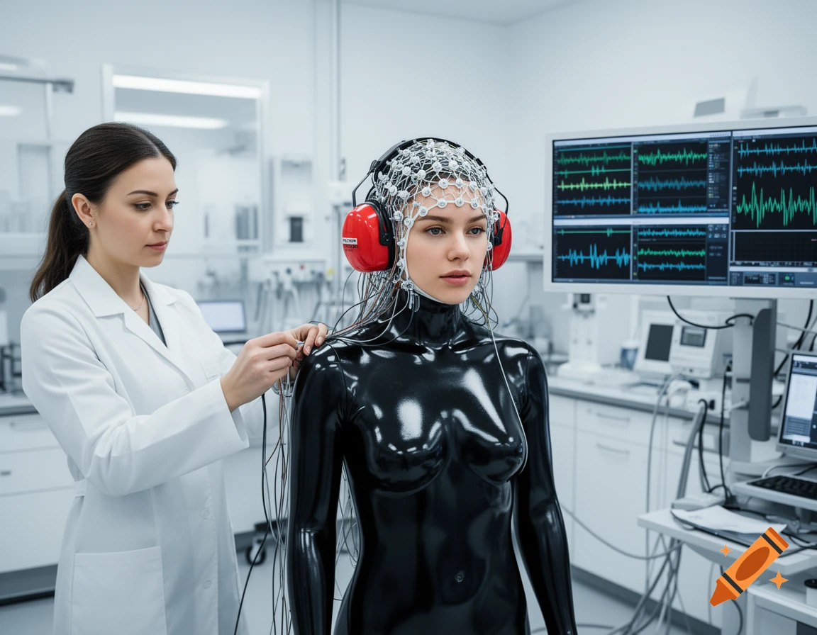 A female experimenter connects leads to a participant in a black latex suit and EEG cap in a futuristic lab.